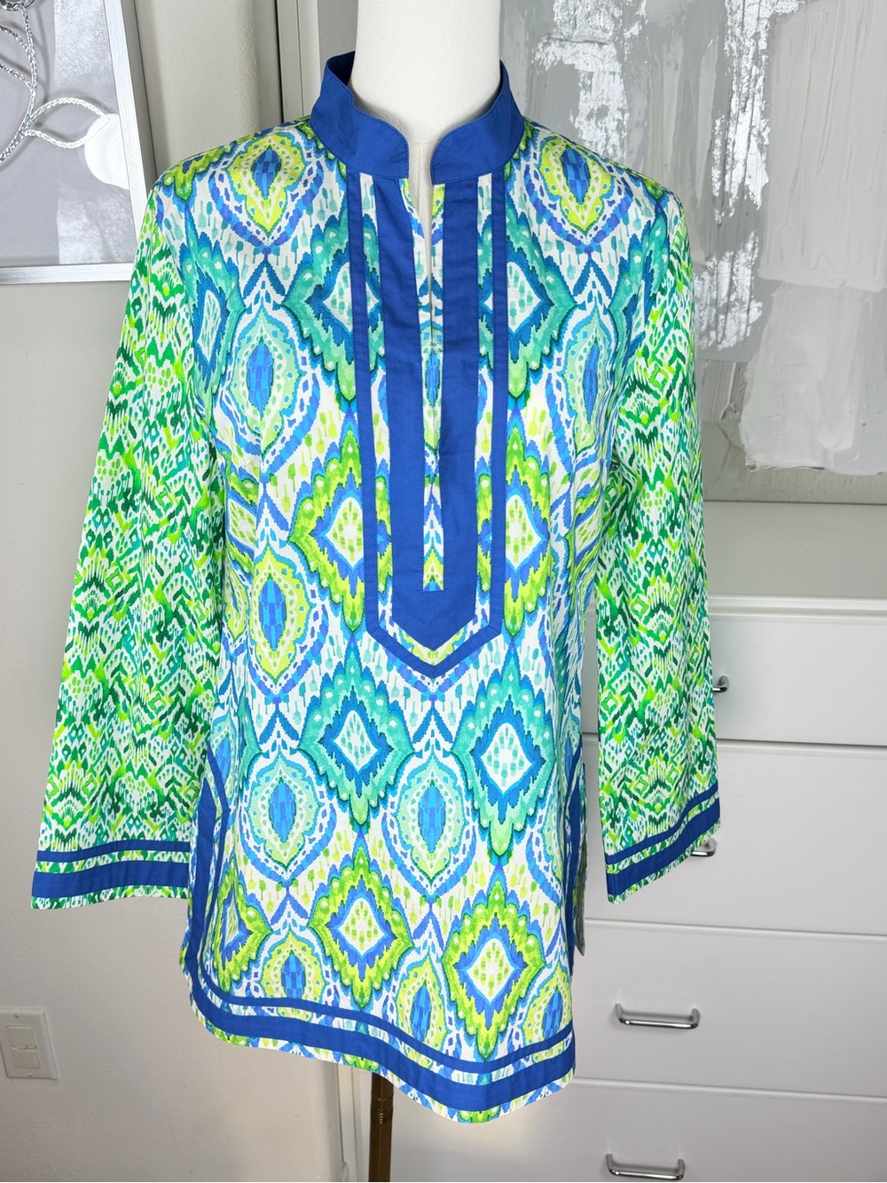 NicoBlu Nicobar Tunic Top Jungle Green Ikat Blue Accent Size Small Excellent